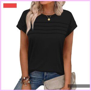 Women's Pleated Front Cap Sleeve Tee, Crew Neck Summer Top, Trendy Fashion